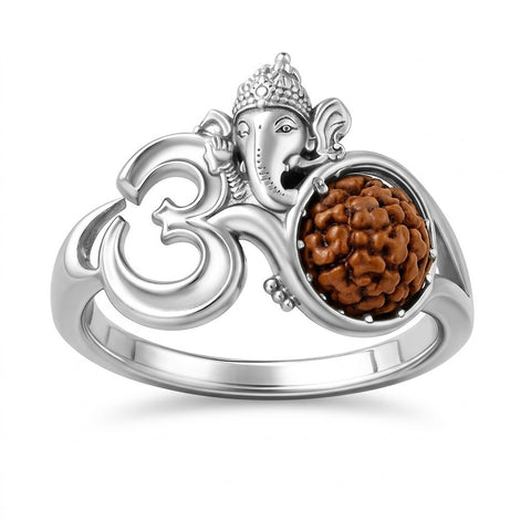 Ganesh Rudraksha Ring with Om Design in Silver Finish